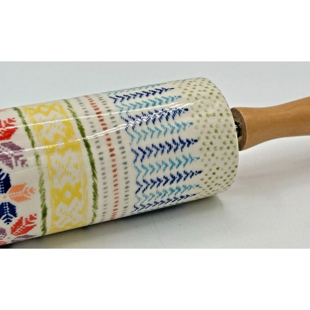 Anthropologie Rolling Pin POLAR GAZE‎ Ceramic Winter Holiday Folk Snowflake